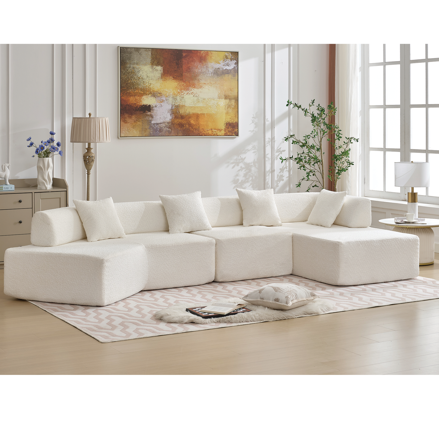 Modern Minimalist 140" L-Shape Couch ,No Assembly Required,Boucle,Modular Sofa ,Couch with Chaise,Free Combination Foam-Filled Sofa, 4 Seats,White