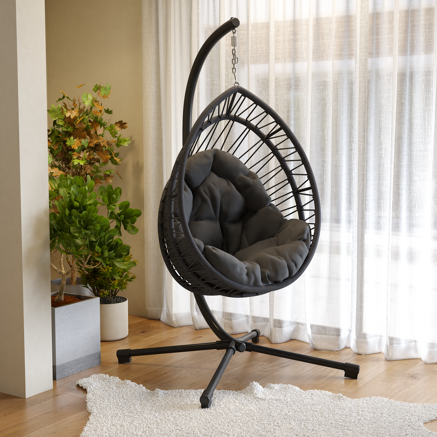 Outdoor Egg-shaped Hanging Chair with Stand, Patio Wicker Swing Chair, Indoor Rocking Chair,