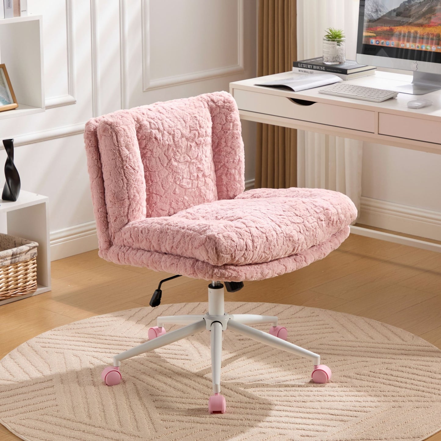 W26.4 inch Wider Seat Artificial Rabbit Hair Swivel Office Chair with Metal Base