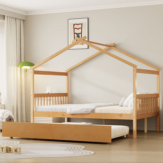 House Bed with Trundle, Twin Size, Solid Wood for Bedroom or Guest Room