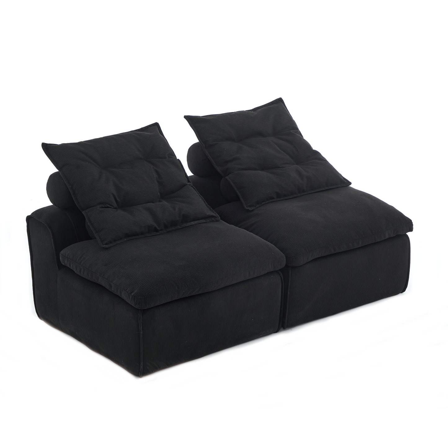 Modular Sofa,No Armrests,At will DIY,Soft Corduroy Fabric,Neck Pillow-Back Lounge Sofa Chair,Reading Nook, or Apartment Living, Lumbar Pillow,2 Seats,Upholstered,Black