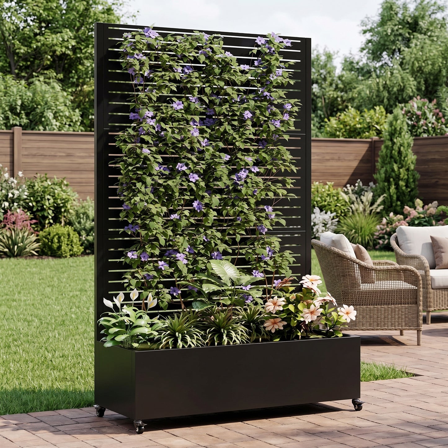 Metal Raised Garden Bed with Trellis, Drainage Holes & Lockable Wheels
