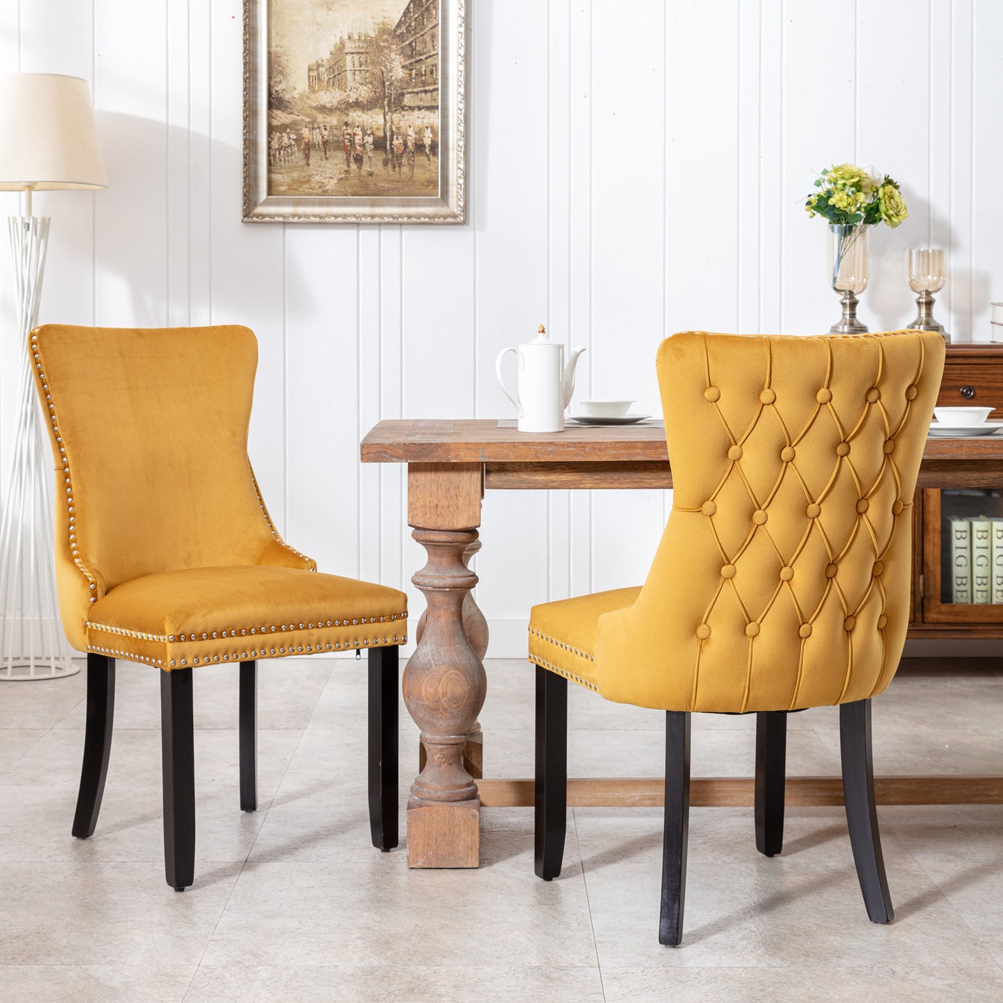 Upholstered Wing-Back Dining Chair with Backstitching Nailhead Trim and Solid Wood Legs,