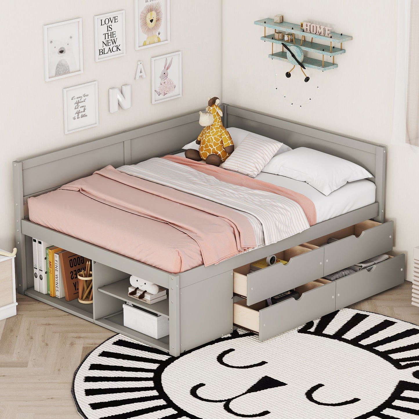 Full Size Daybed with Drawers and Shelves