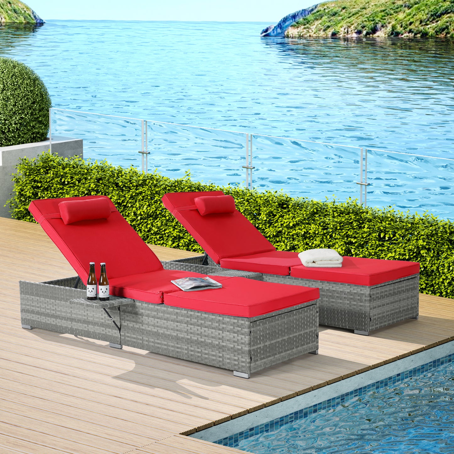 Outdoor PE Rattan Chaise Lounge Set of 2 with Table – Adjustable Patio Reclining Chairs, Wicker Sun Loungers, Weather-Resistant Garden Set