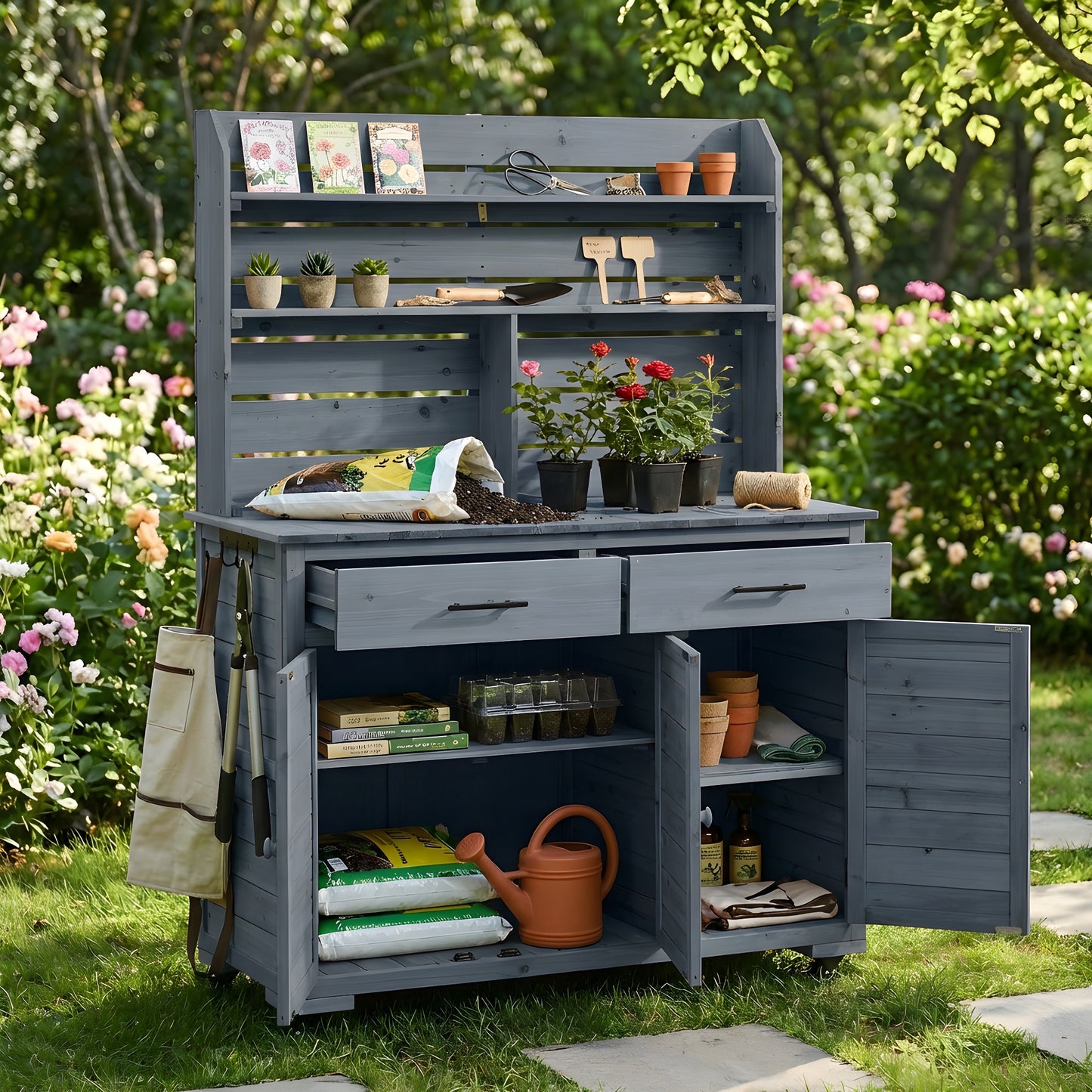65''H Large Garden Potting Bench with Lockable Wheels and Storage Cabinet, Wood