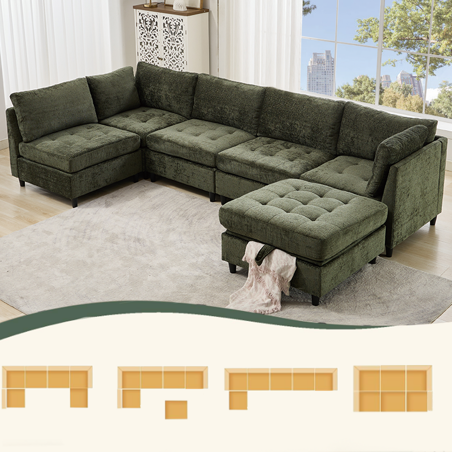 Modular Sectional Couch with Storage Ottoman, U Shaped Sofa, Storage Ottoman,Minimalist ,Convertible Modular Sofa,Chenille ,Upholstered,6 Seat,Living Room,   Green