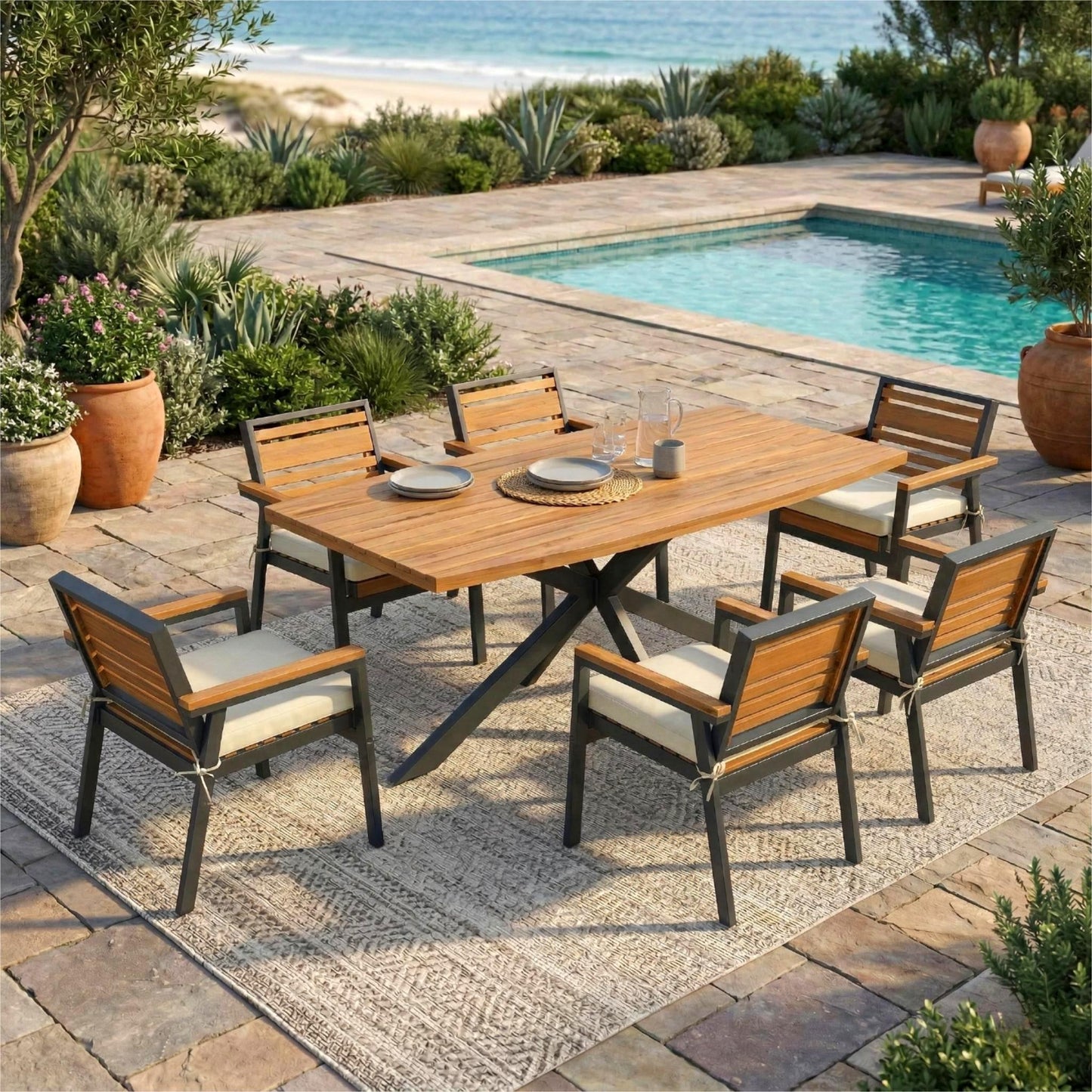 Modern 7-Piece Dining Set, Acacia Wood with Iron Frame, 6 Chairs with Dual-Layer Iron & Wood Seat Frame and Detachable C