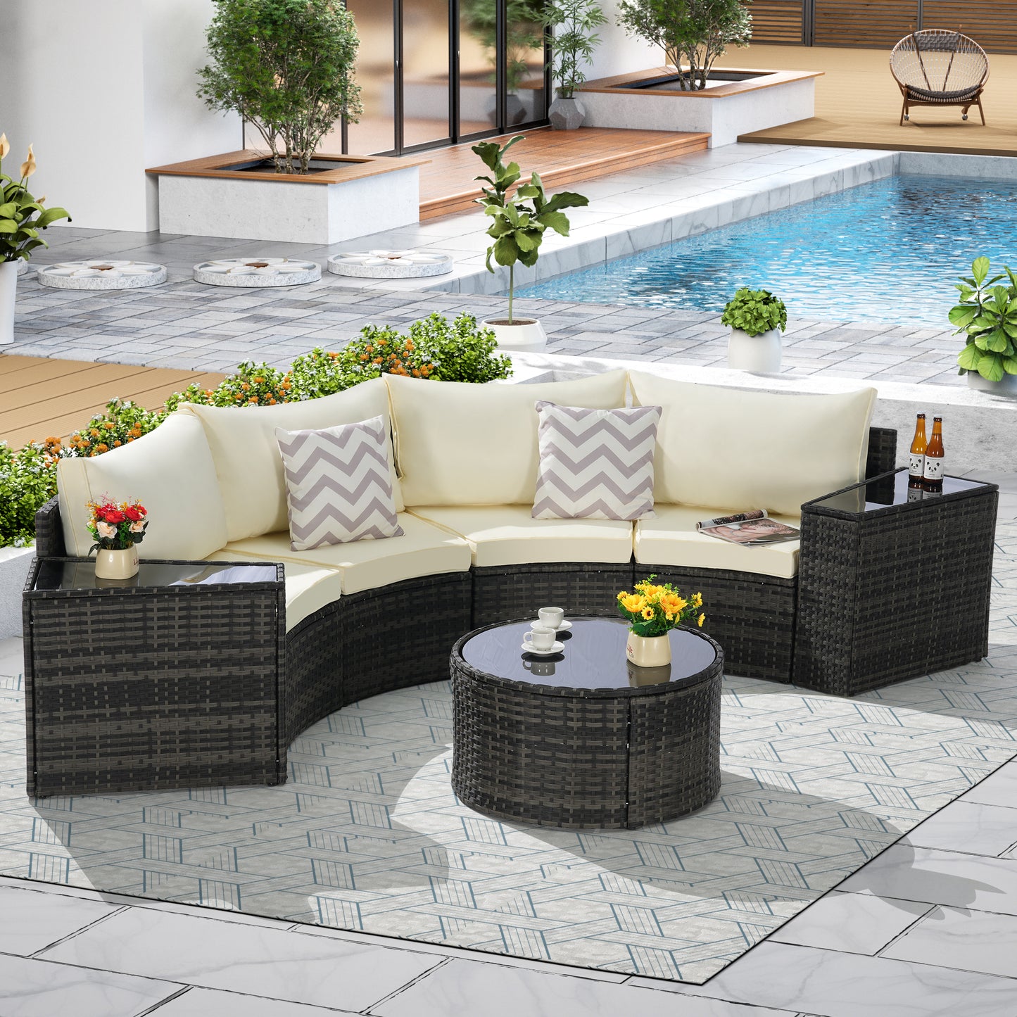 Outdoor Half Moon Sectional Sofa Set – Round Patio Conversation Set with Tempered Glass Coffee Table, Wicker Rattan Furniture
