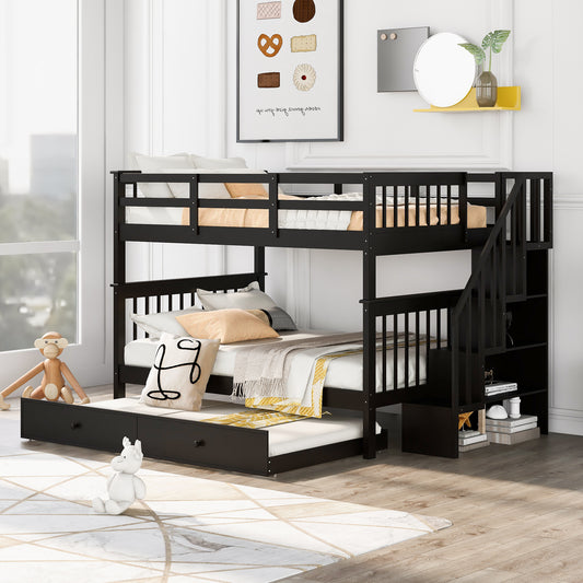 Bunk Bed, Full Over Full, Solid Wood with Trundle and Storage Stairs for Shared Bedroom or Guest Room