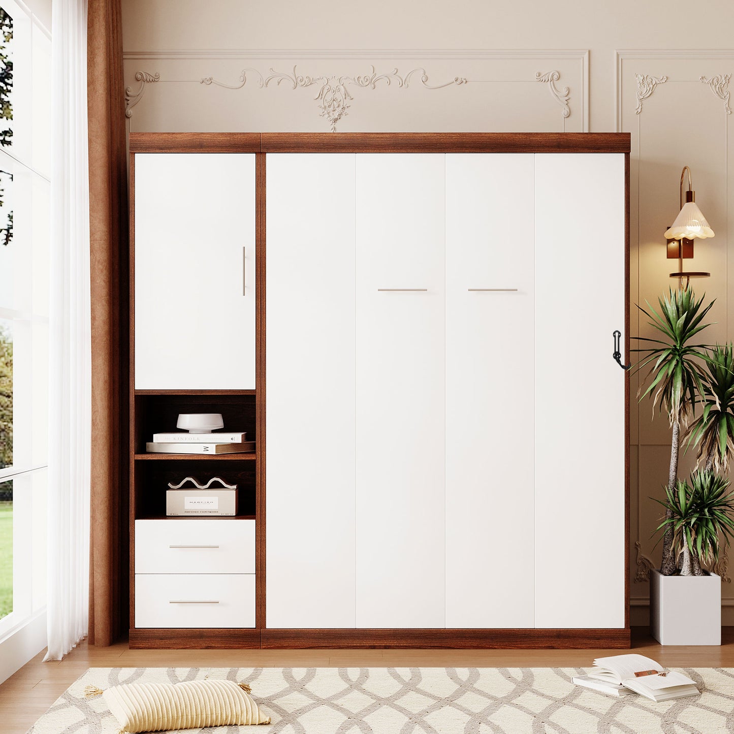 Full Size Murphy Bed Wall Bed with Cabinet,White