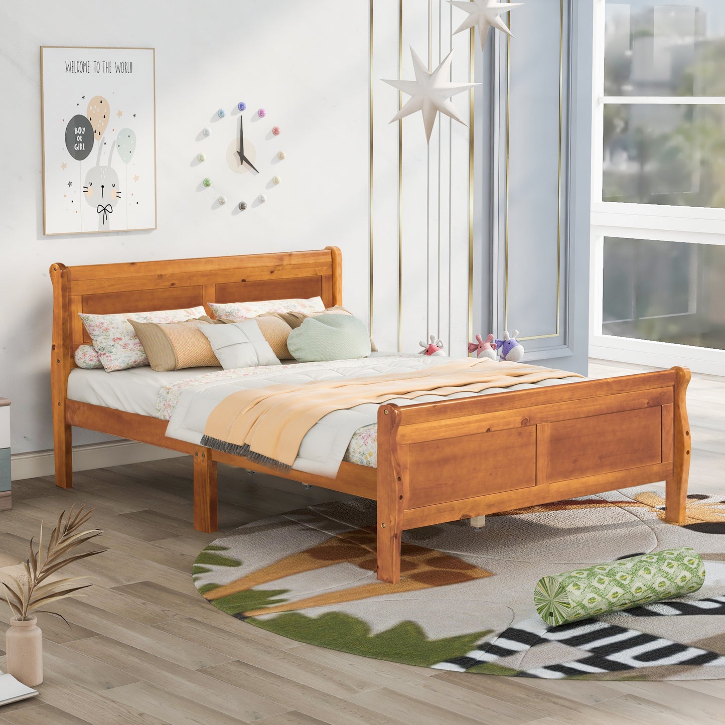 Wood Platform Bed with Headboard and Wooden Slat Support