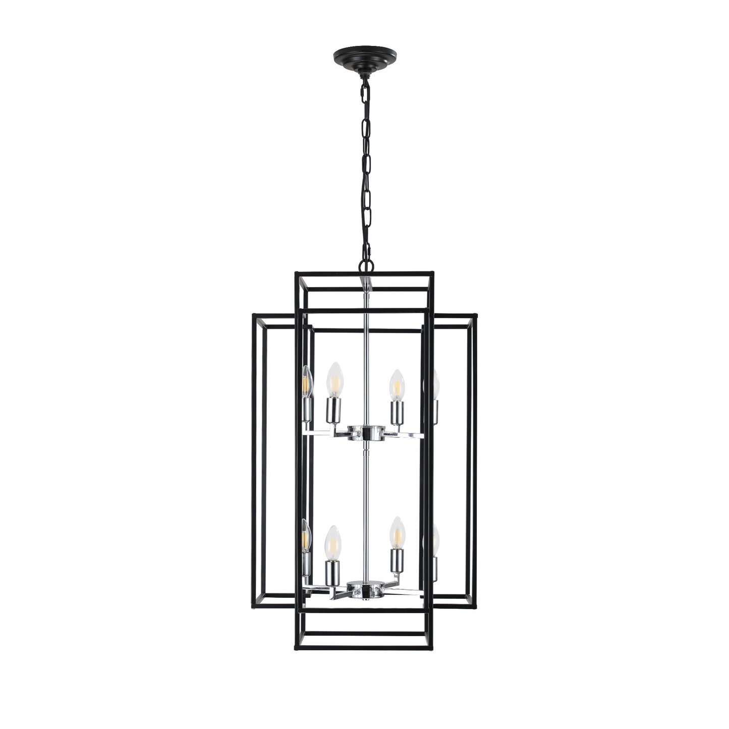 18" Modern 8-Light Black & Chrome Geometric Pendant Chandelier, Industrial Metal Frame, Adjustable Hanging Light for Living Room, Dining Room, Kitchen (No Bulbs)