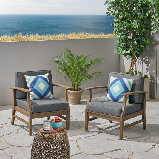 Perla Acacia Wood Outdoor Club Chair Set of 2 with Water-Resistant Cushions – Modern Patio Lounge Chairs with Slat Panel Design