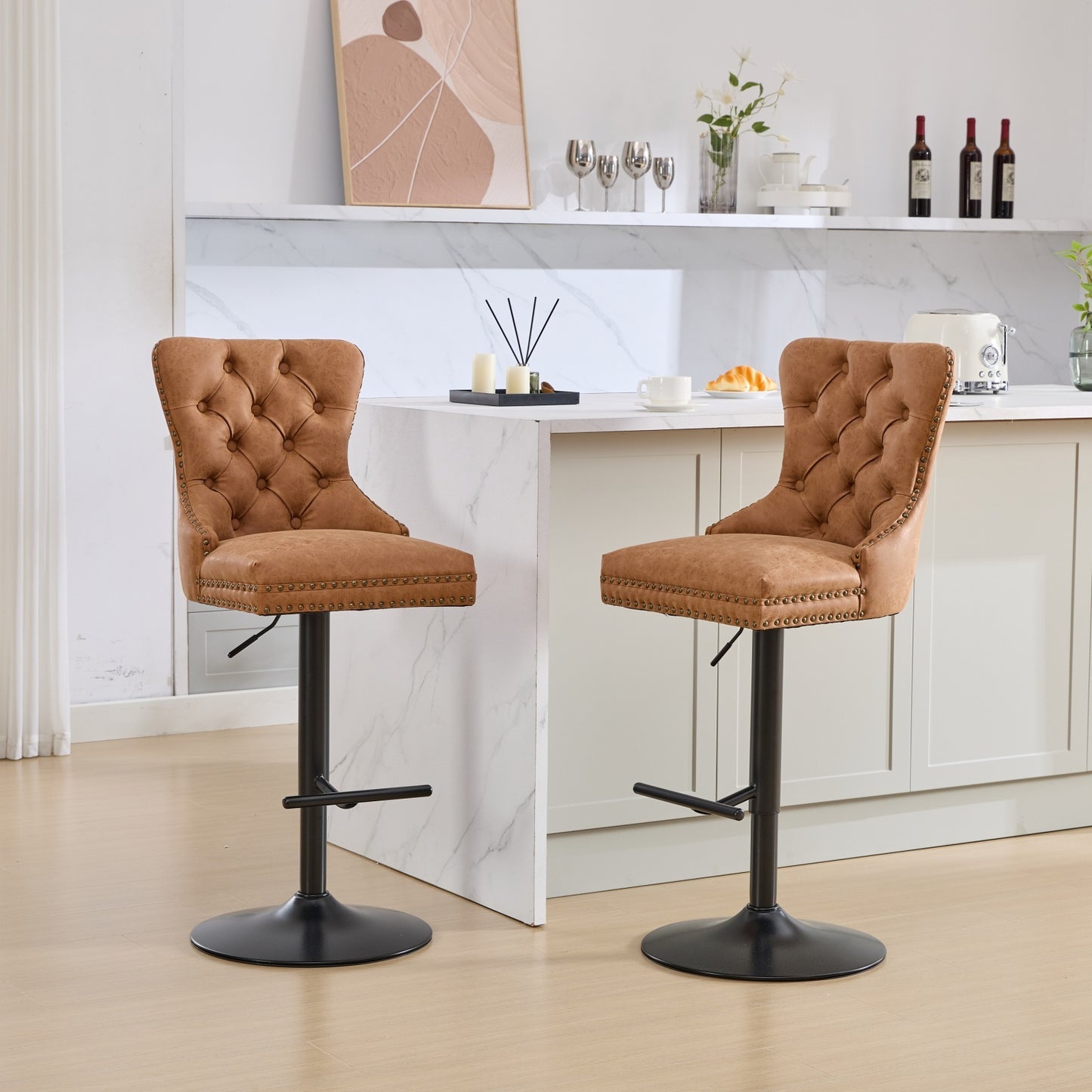 Aged and Retro PU Swivel Barstools, Adjustable Height 26-33 Inch