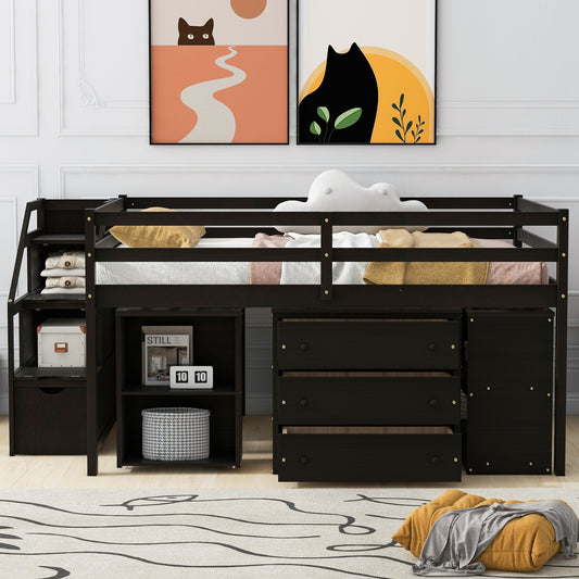 Loft Bed Espresso Solid Wood and MDF with Storage for Bedroom and Guest Room