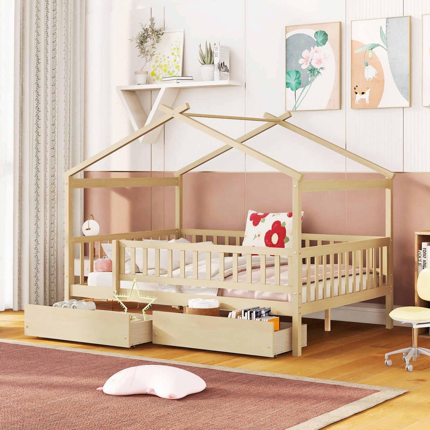 Full Size Wooden House Bed with Two Drawers