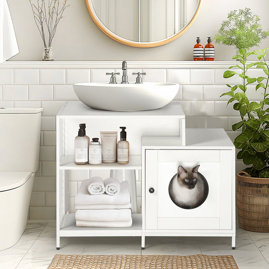 Cat Litter Box Enclosure White Particle Board with Storage for Pet-Friendly Home Organization