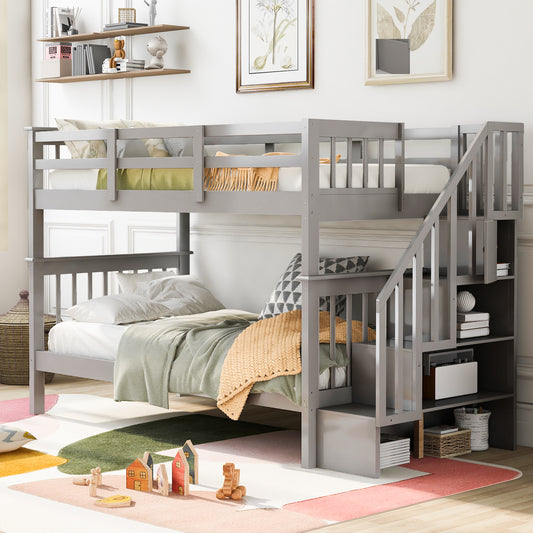 Bunk Bed, Twin Over Twin, Solid Wood with Storage Stairs and Guardrails for Shared Bedroom or Guest Room