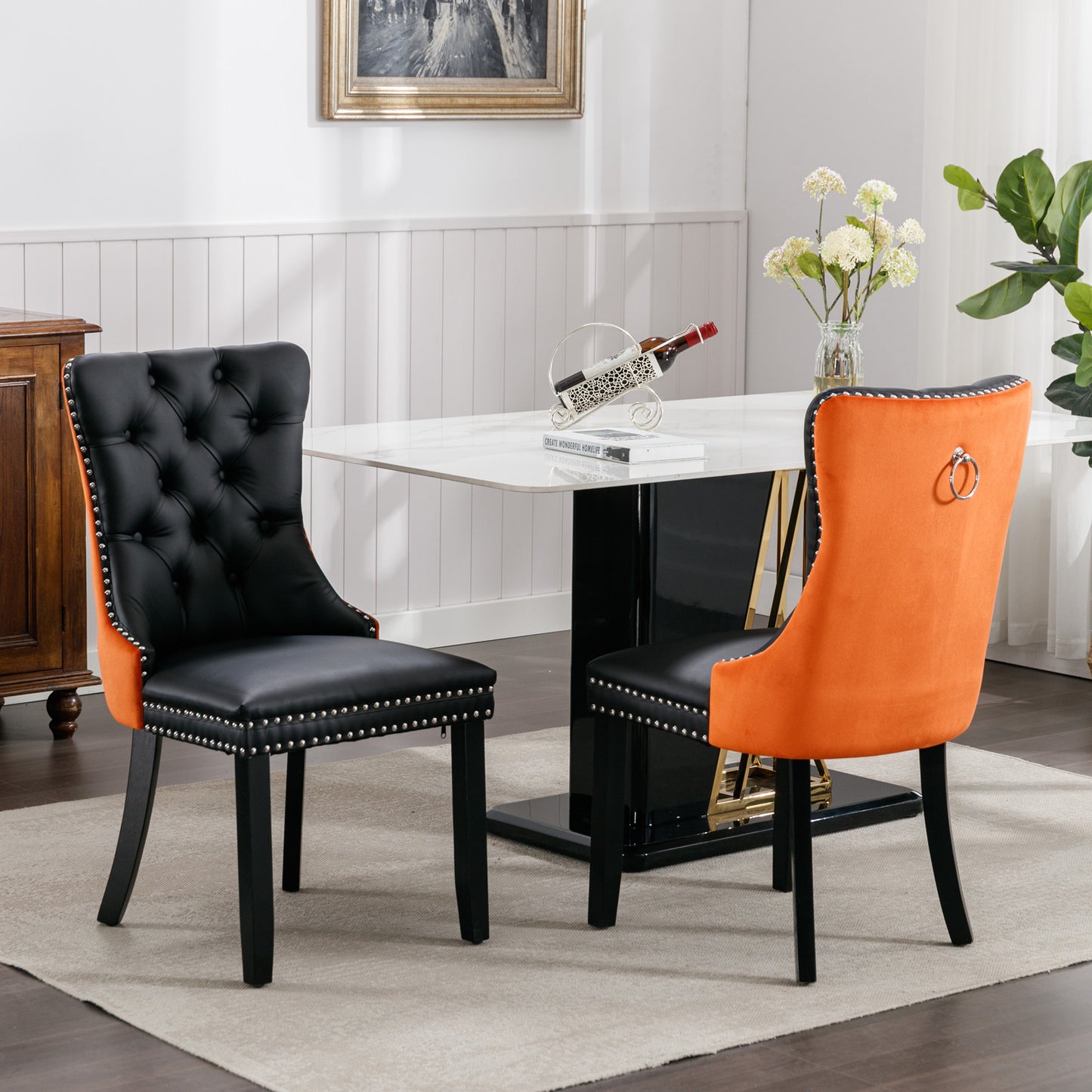 Nikki Collection Modern Tufted Solid Wood PU and Velvet Dining Chair with Nailhead Trim