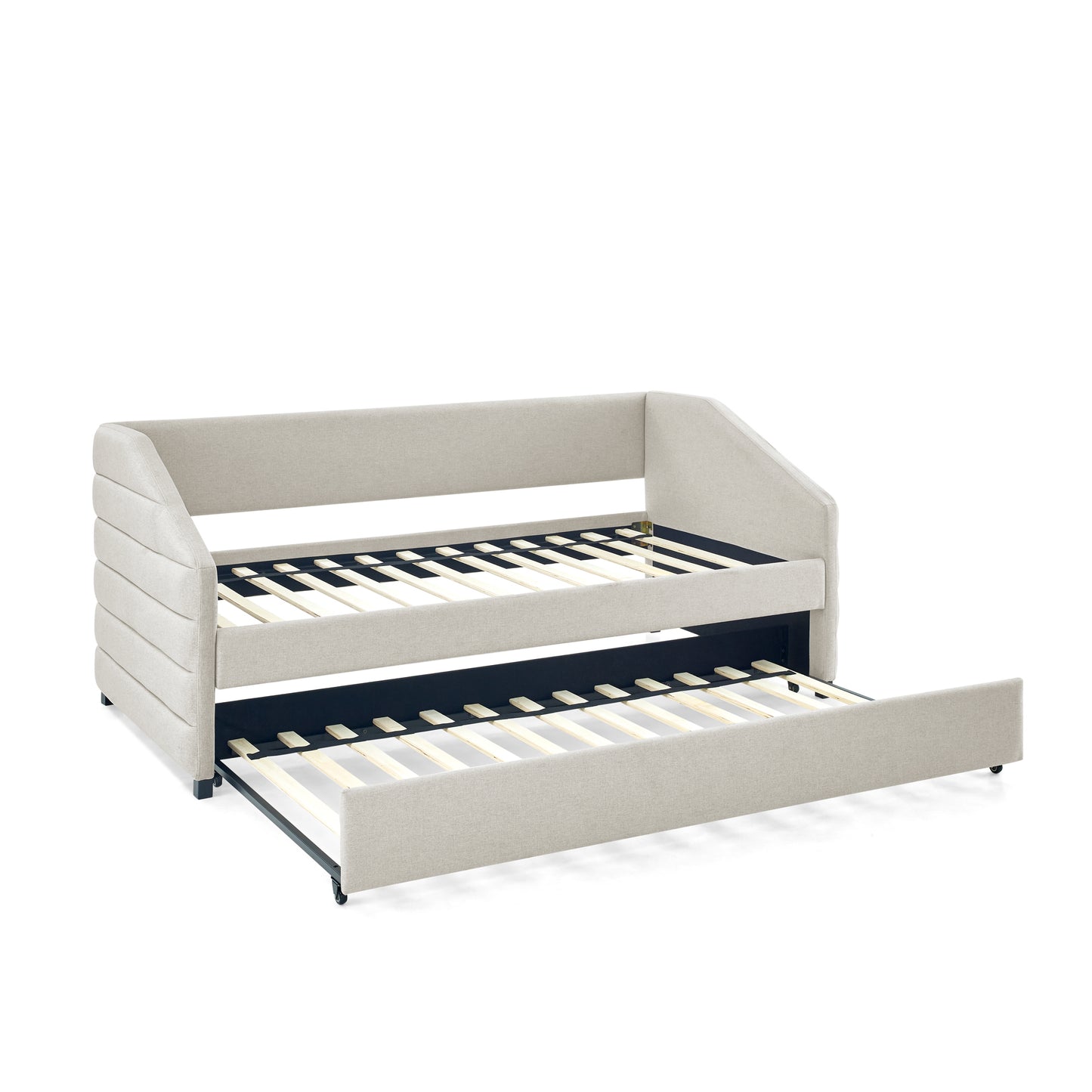 Twin Size Daybed with Trundle Upholstered Tufted Sofa Bed, Linen Fabric, Beige  (82.5"x42.5"x34")