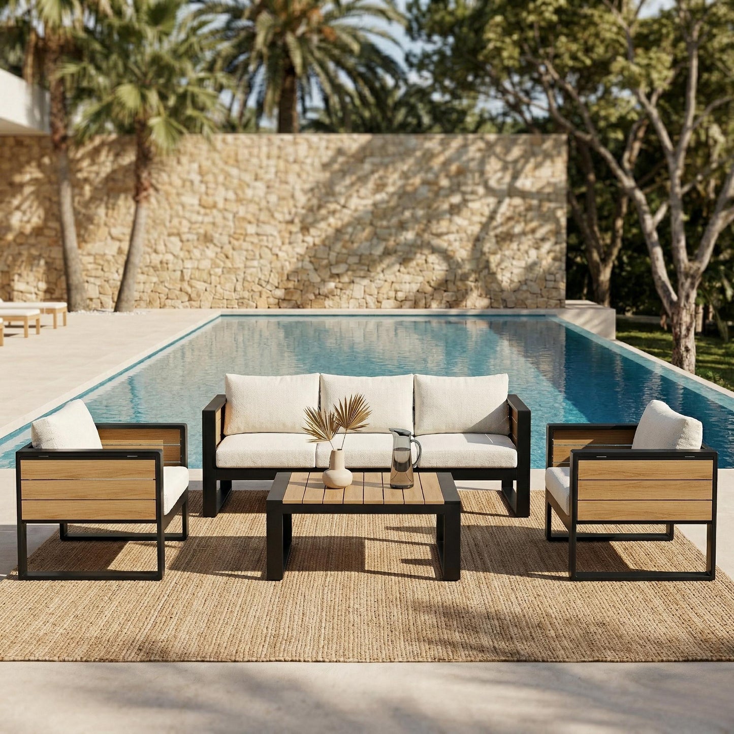 Large 4-Piece Outdoor Patio Furniture Set for 5 Person, 3-Seater Sofa, 2 Armchairs with Fold-Out Side Tables, Aluminum F