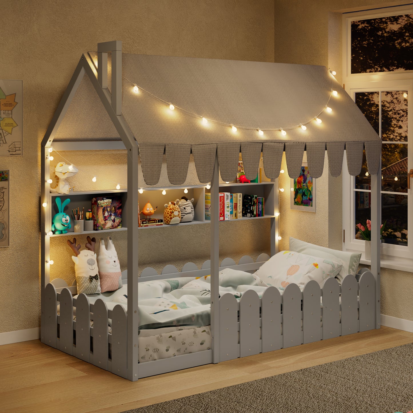 Slats are not included} Twin Size Montessori House Bed for Kids, Floor Bed with Fence Railings, Tent, Lights & 3 Storage