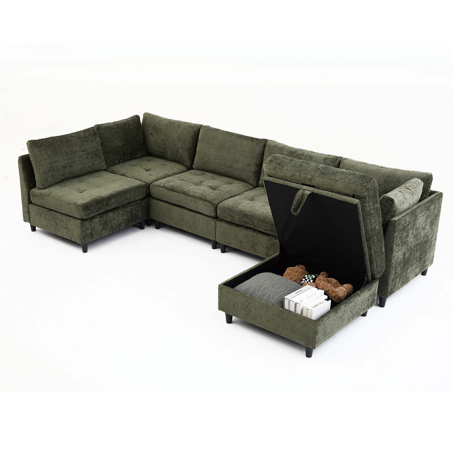 Modular Sectional Couch with Storage Ottoman, U Shaped Sofa, Storage Ottoman,Minimalist ,Convertible Modular Sofa,Chenille ,Upholstered,6 Seat,Living Room,   Green