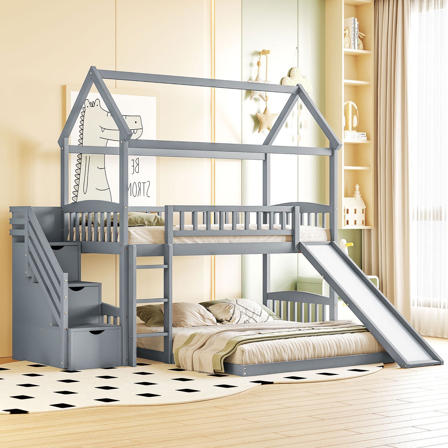Twin Over Full Bunk Bed with Slide, House Bed with Slide