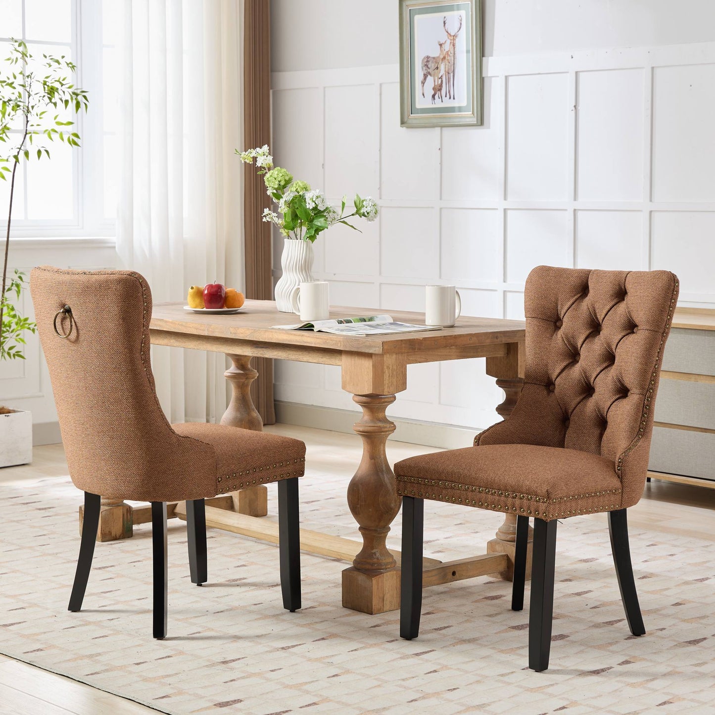 Nikki Collection Modern Tufted Solid Wood Upholstered Linen Dining Chair with Wood Legs