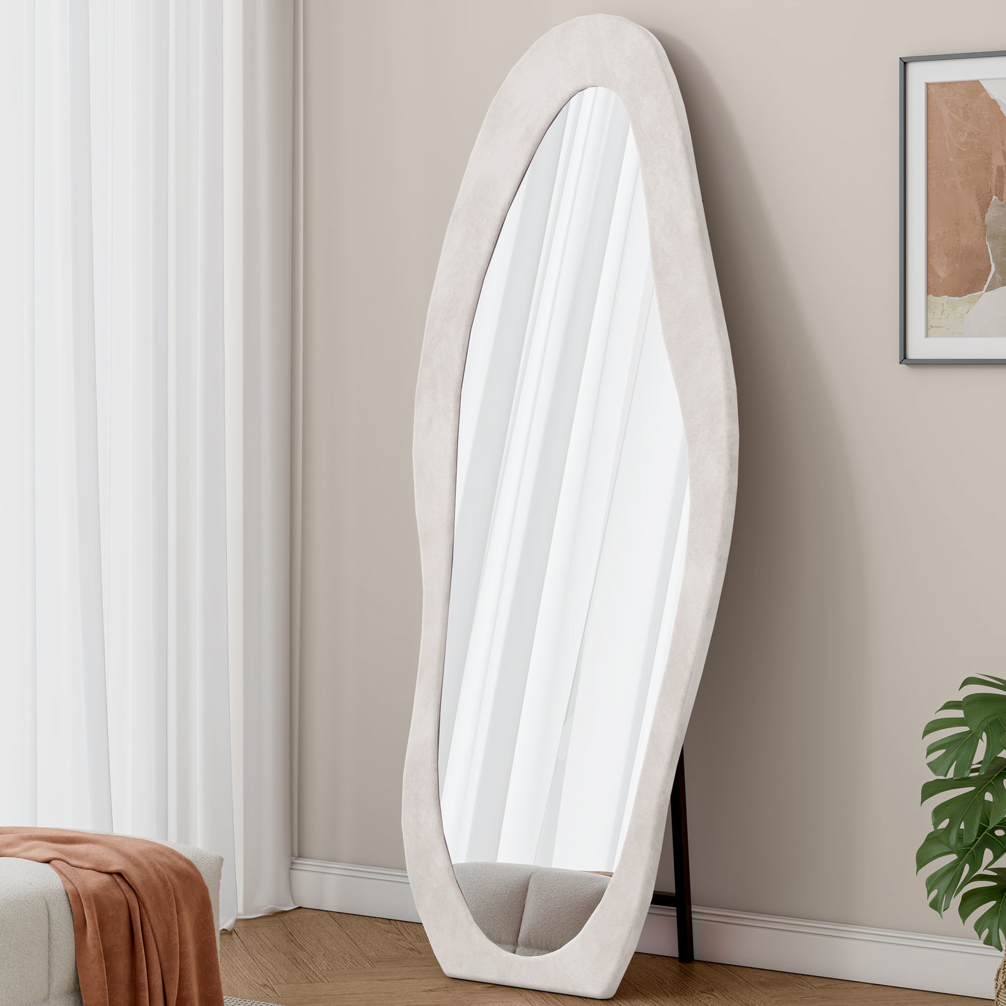 63" x 24" Full Length Mirror, Flannel Wrapped Wooden Frame Irregular Wavy Mirror Standingt