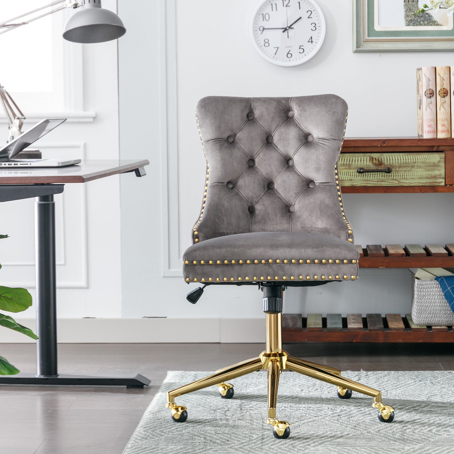 Velvet Upholstered Tufted Button Home Office Chair with Golden Metal Base