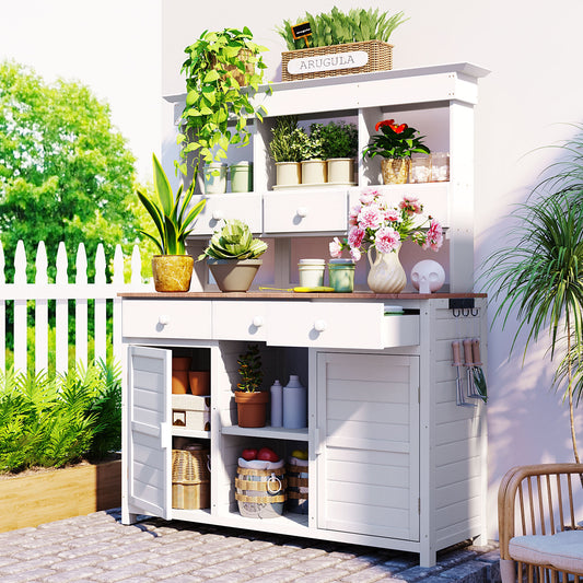 Garden Potting Bench Wood White with Adjustable Design for Patio, Garden, or Backyard