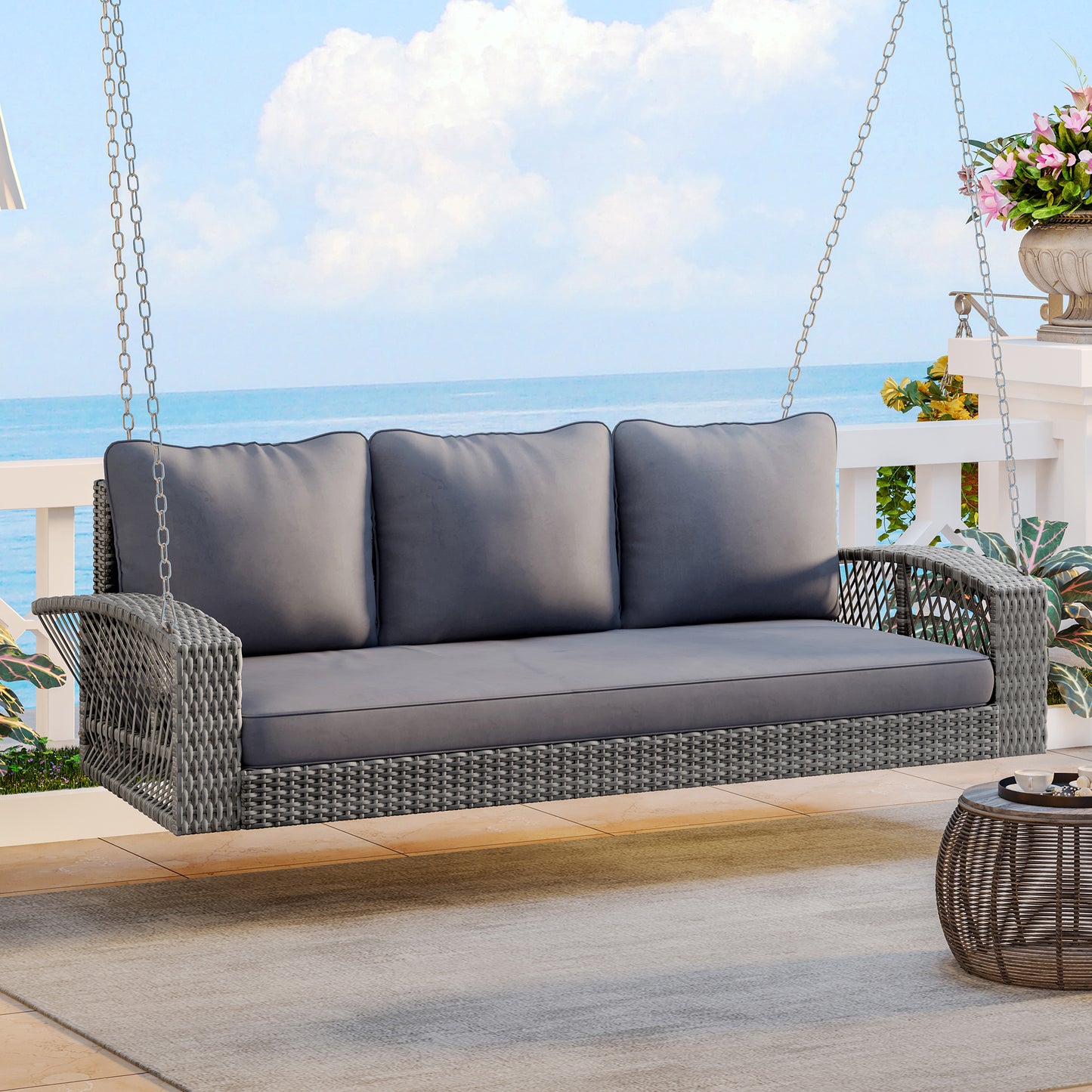 Outdoor Wicker Porch Swing – 69" 3-Person Patio Swing Bench with Cushions & Chains