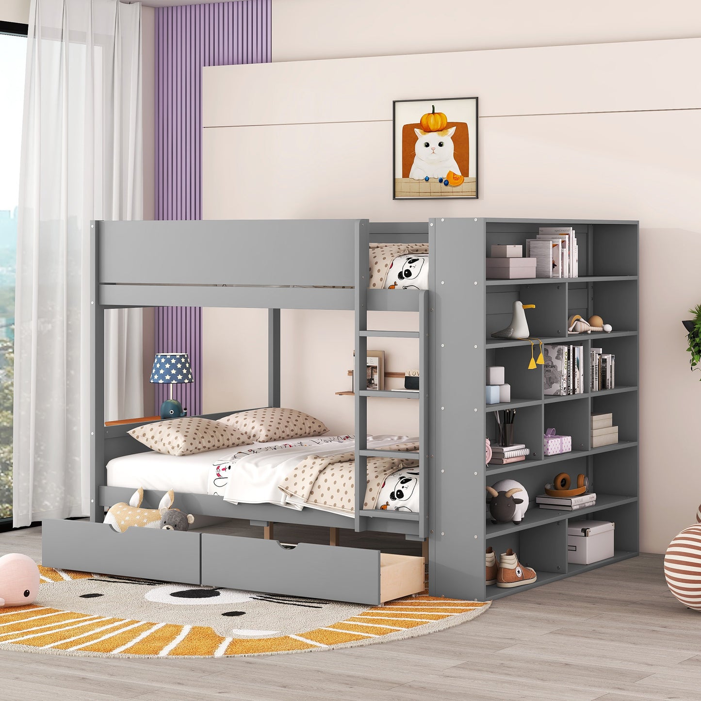 Bunk Bed With 2 Drawers and Multi-layer Cabinet