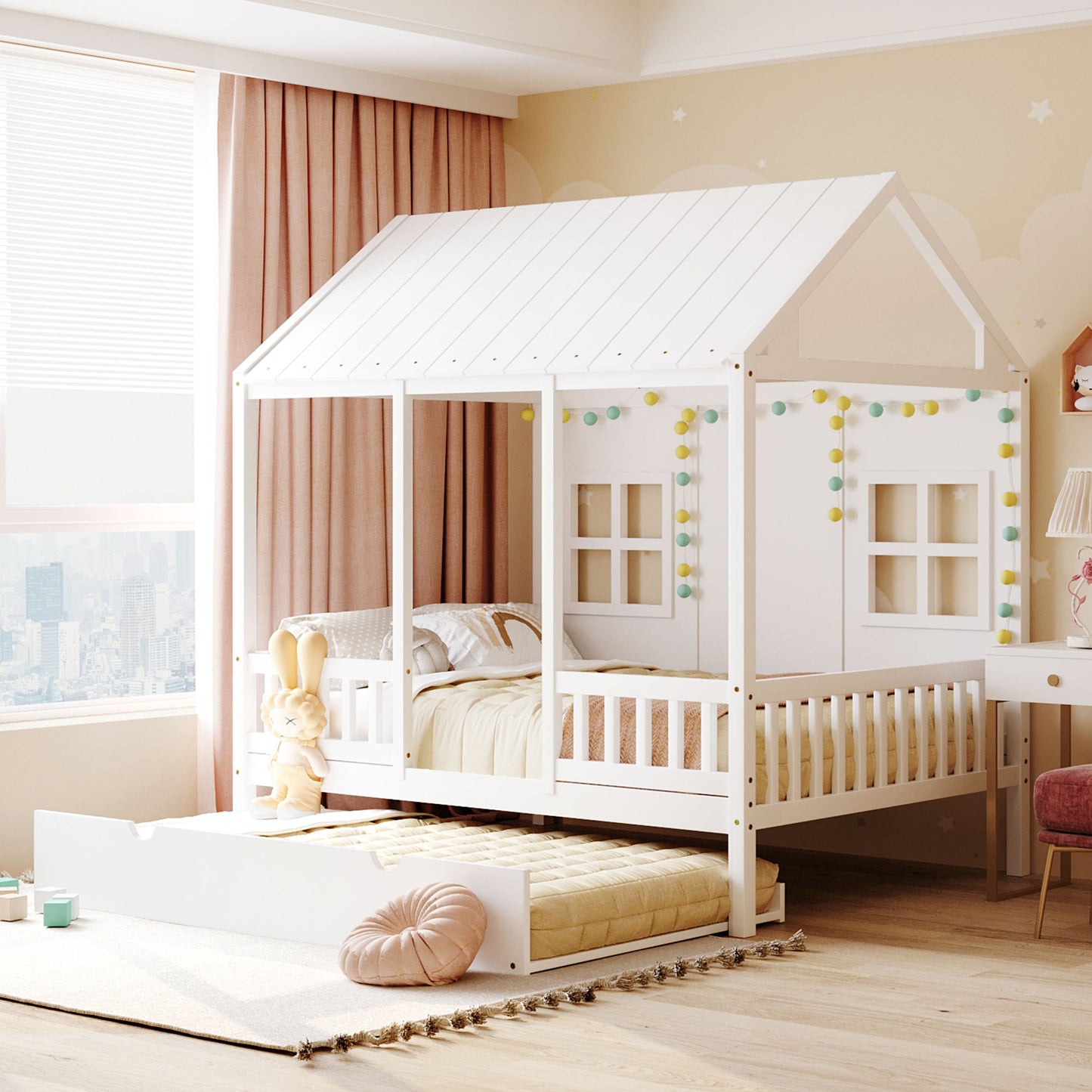Wood House Bed With Twin Size Trundle, Wooden Daybed