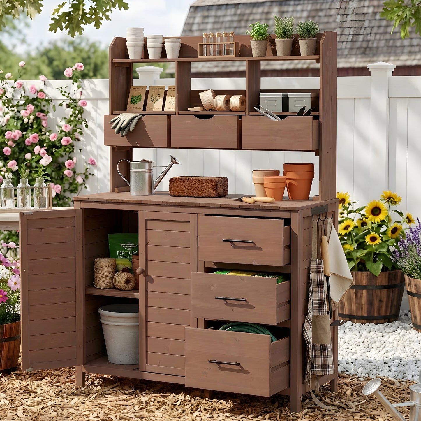 Farmhouse Patio Potting Bench, 44.6''x19.5'' Large Freestanding Garden Workstation with 6 Drawers, Bottom Cabinet and Si