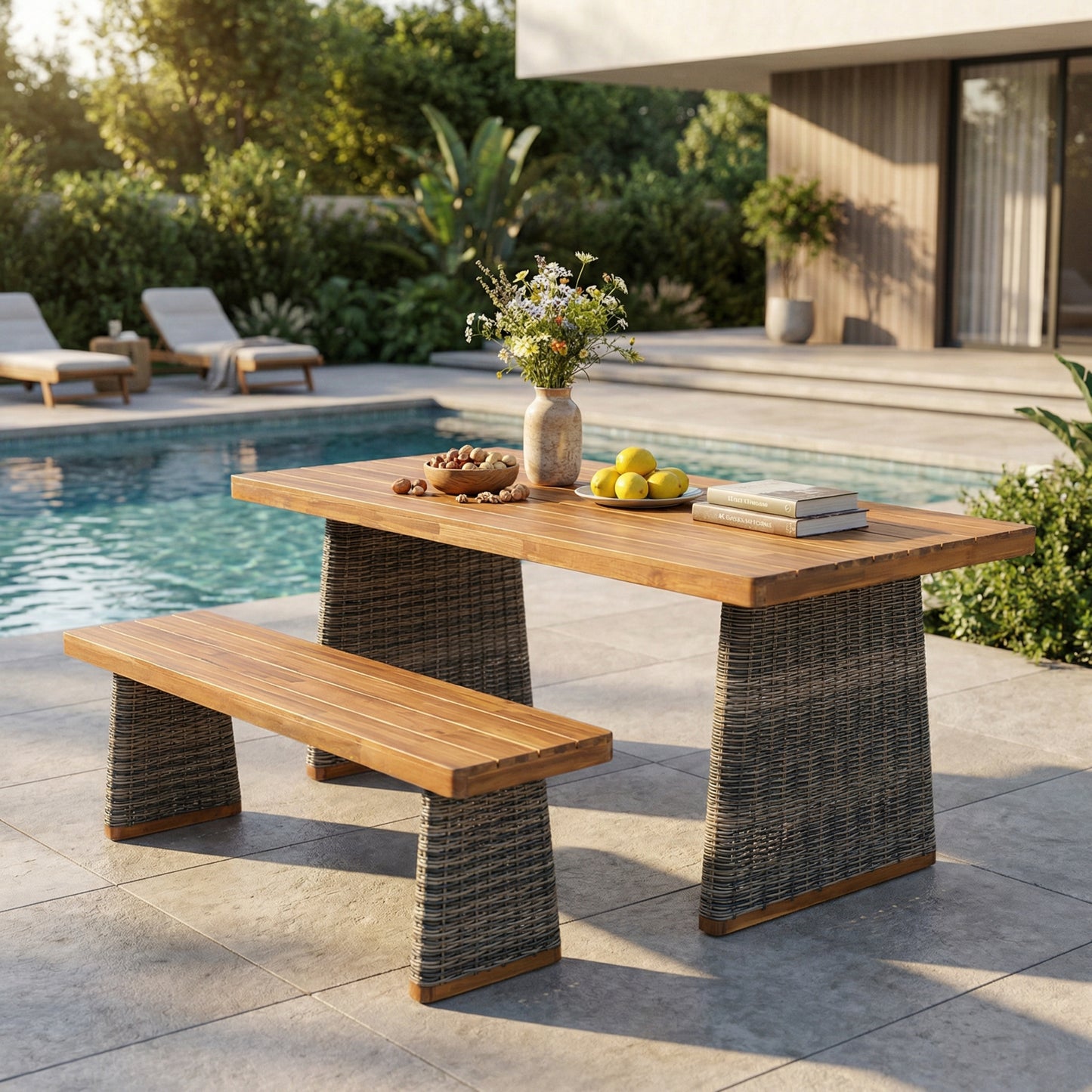 Outdoor Acacia Wood Dining Table and Bench Set – Patio Dining Furniture with Slatted Top and Handwoven Rattan Legs