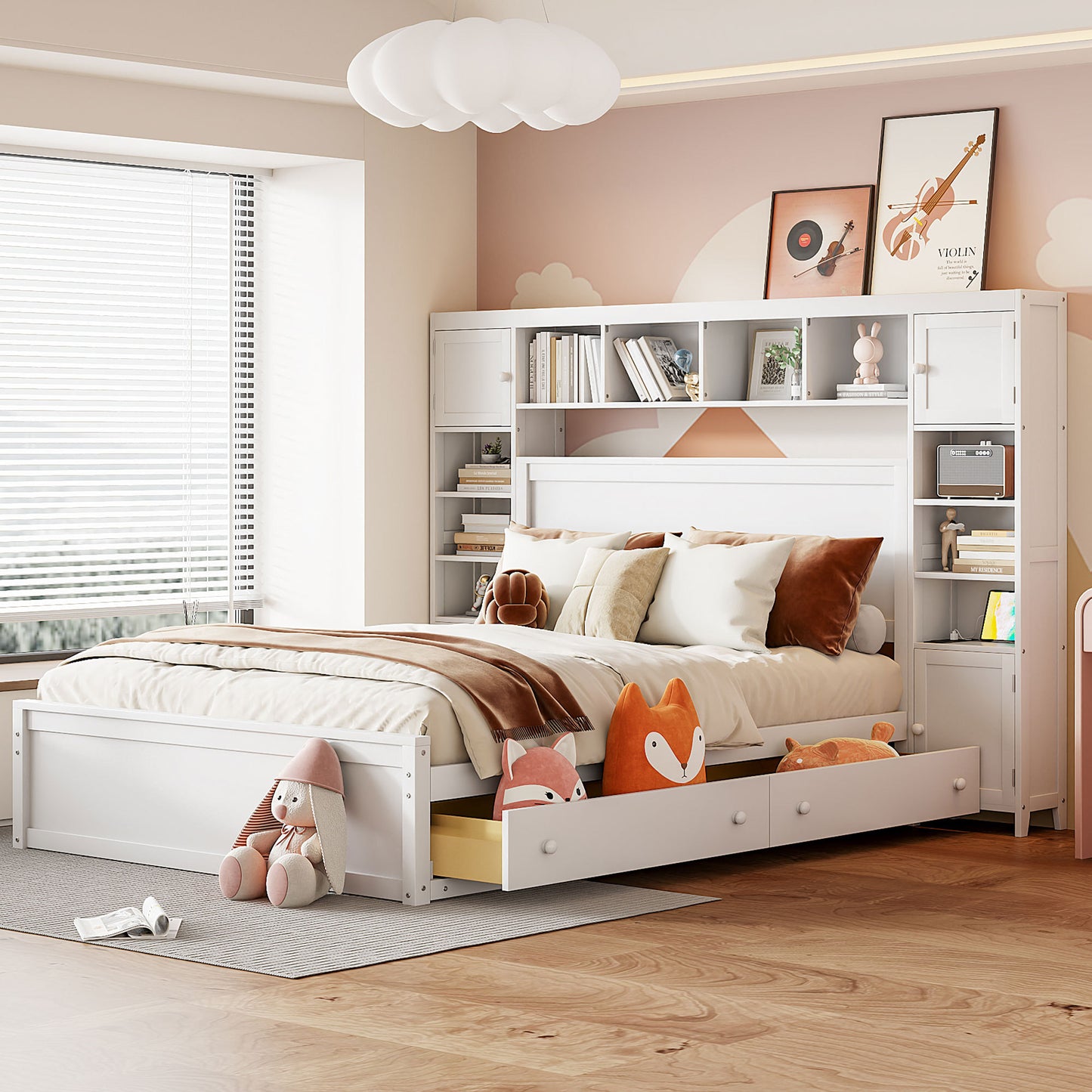 Wooden Bed with All-in-One Cabinet, Shelf and Sockets