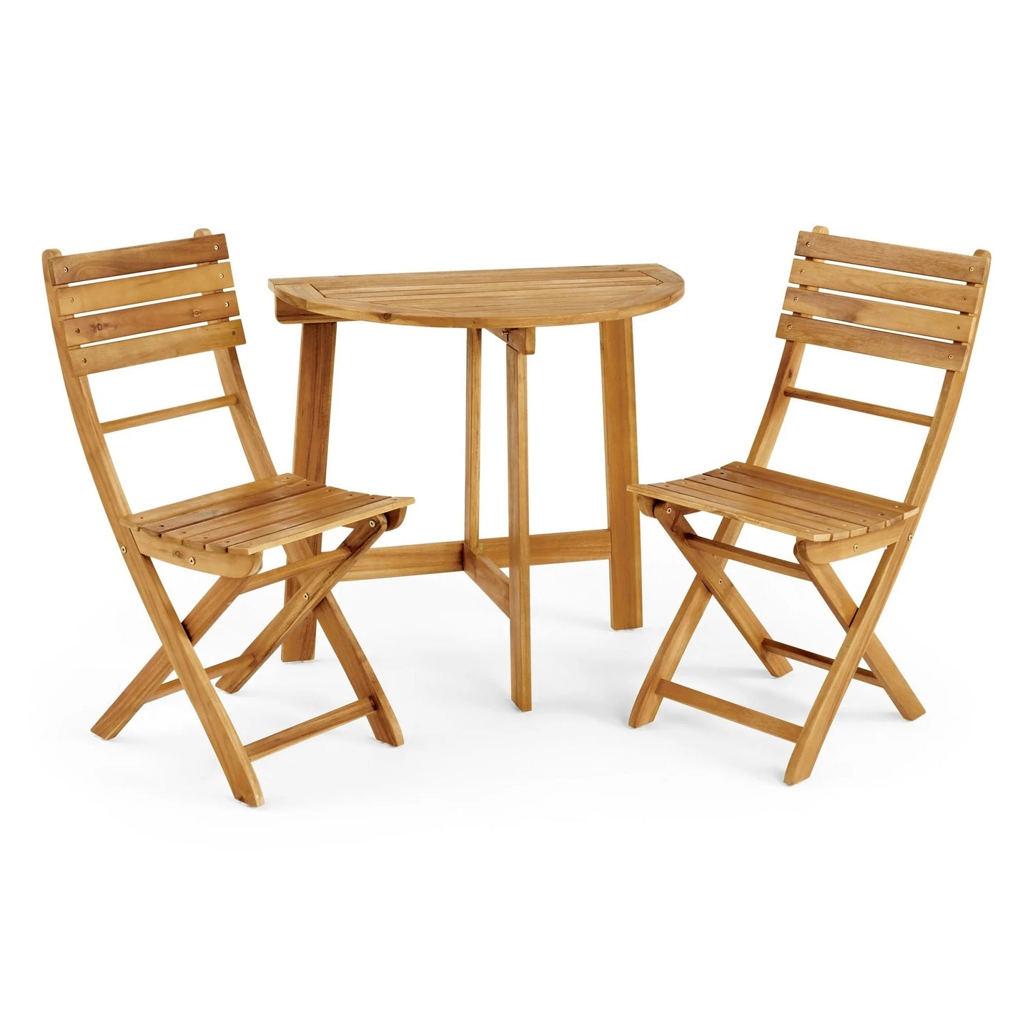 3-Piece Half Round Folding Acacia Wood Bistro Set – Outdoor Patio Table and Chair Set with Slatted Design