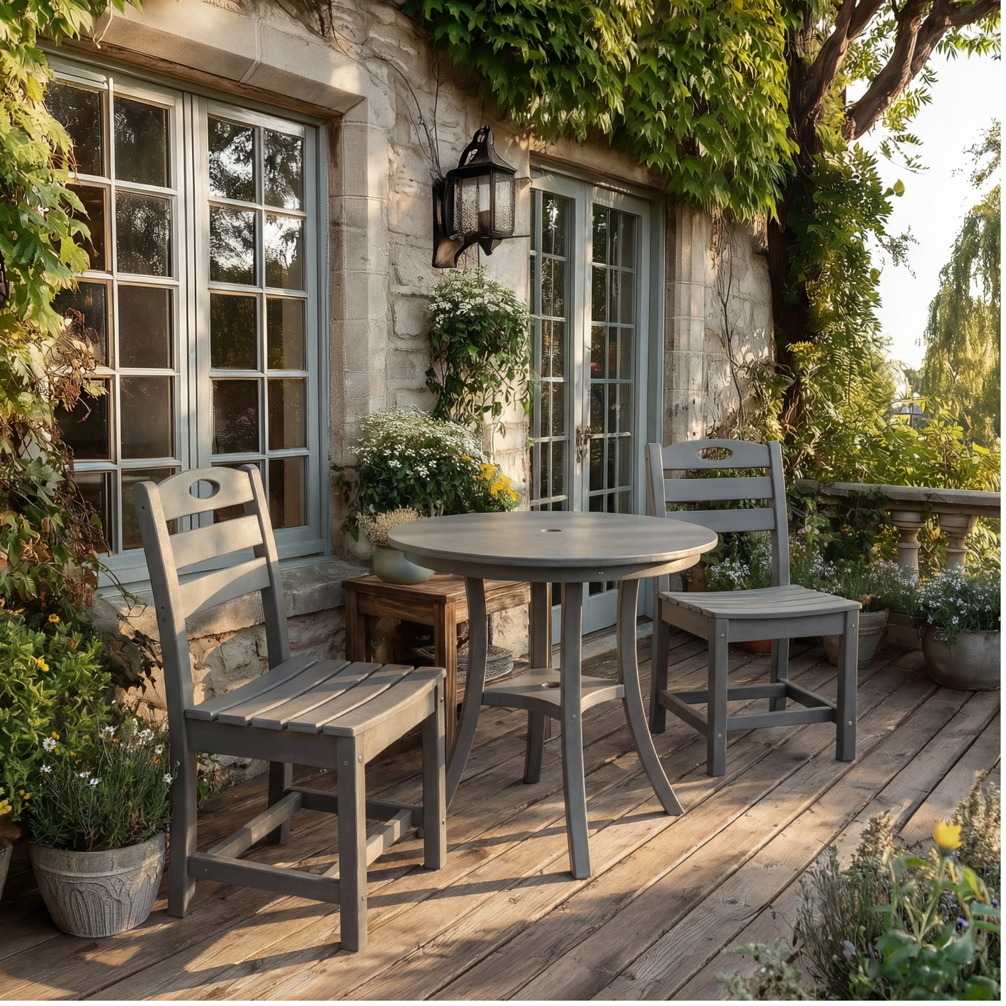 3-Piece HDPE Outdoor Patio Bistro Set with Round Table and 2 Chairs