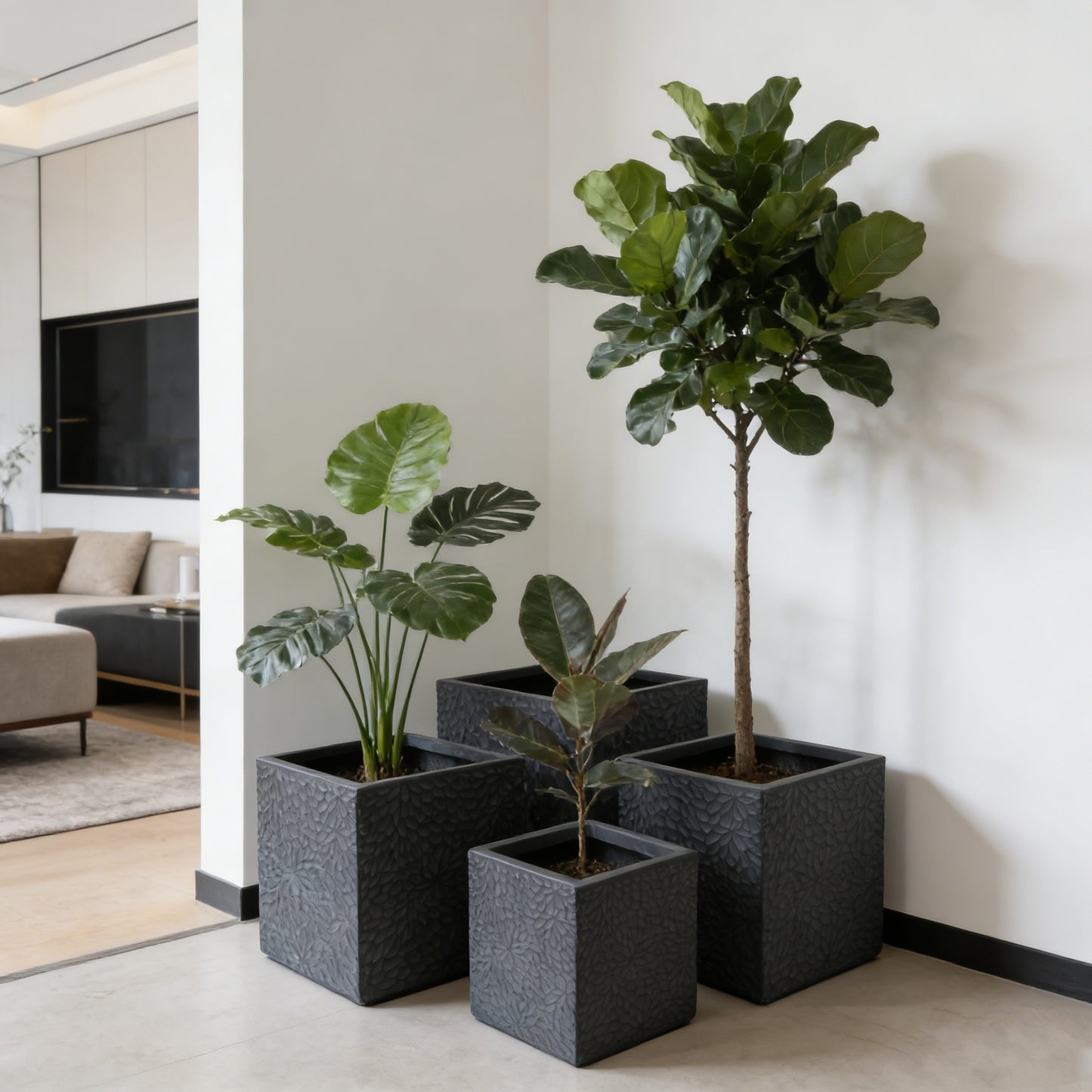 Large Outdoor Indoor Planter, 16.9'+14.37'+11.6' +9.25''Dia Square Magnesium Oxide Planter Set of 4, Flower Pots with Drainage Holes,  Modern Design, Grey Color Planter for Home Garden Patio