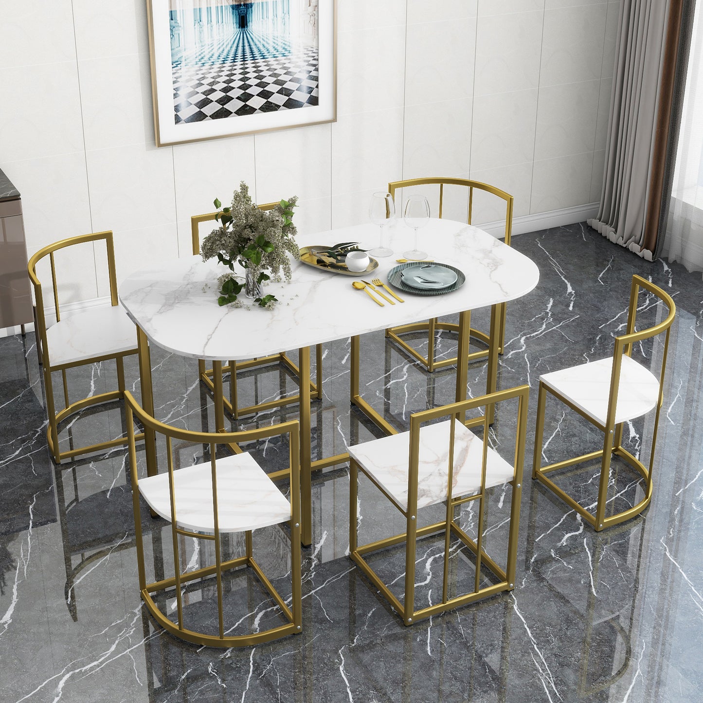 Modern 7-Piece Dining Table Set with Faux Marble Compact 55Inch Kitchen Table
