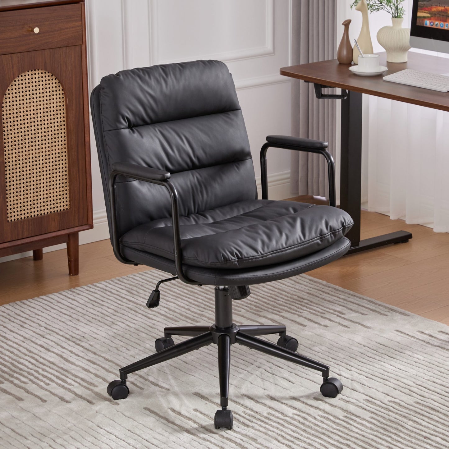Mid Back Ergonomic PU Leather Home Office Desk Chair with Padded Arms, back can Recline 40°
