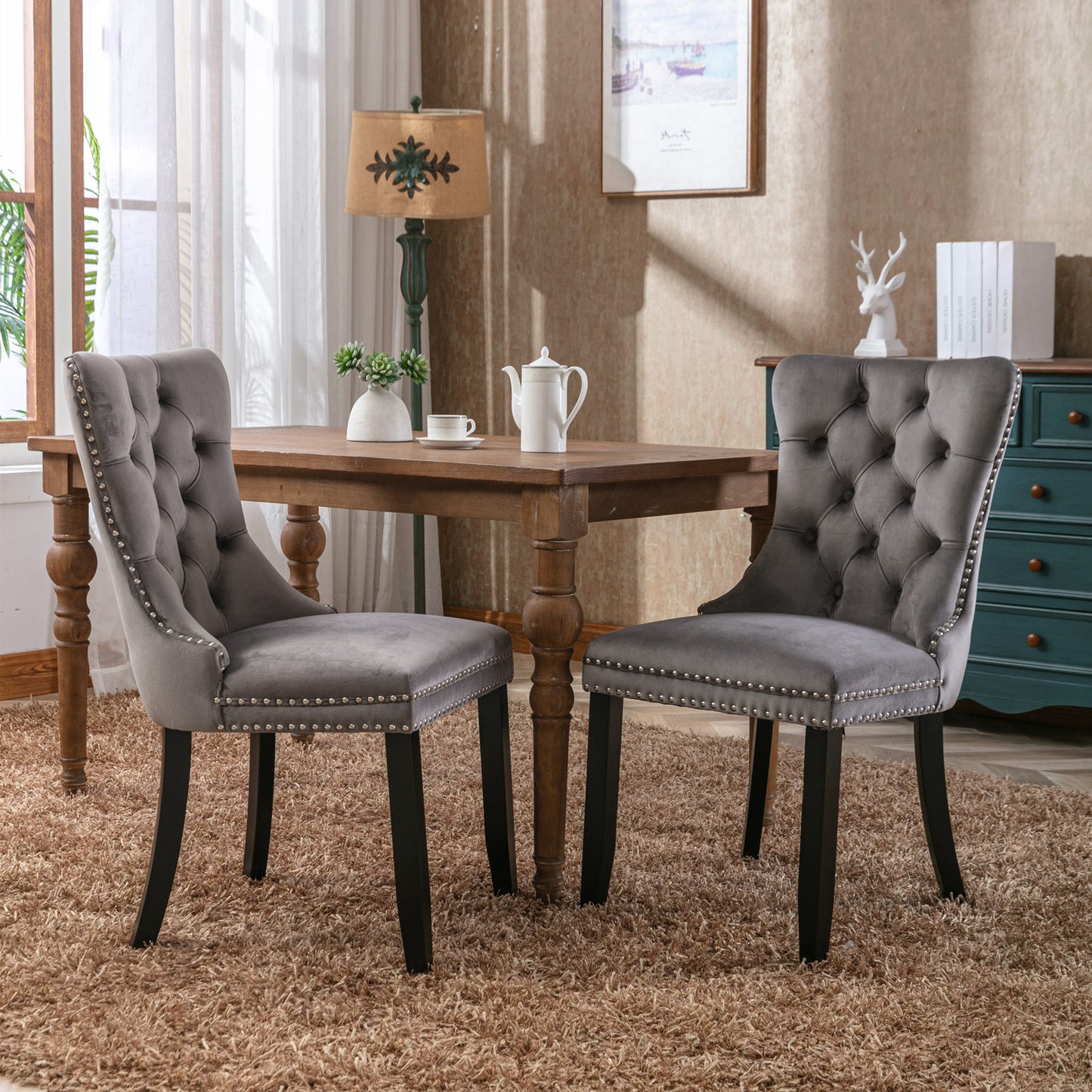Nikki Collection Modern Tufted Velvet Dining Chair with Wood Legs, 2-Pcs