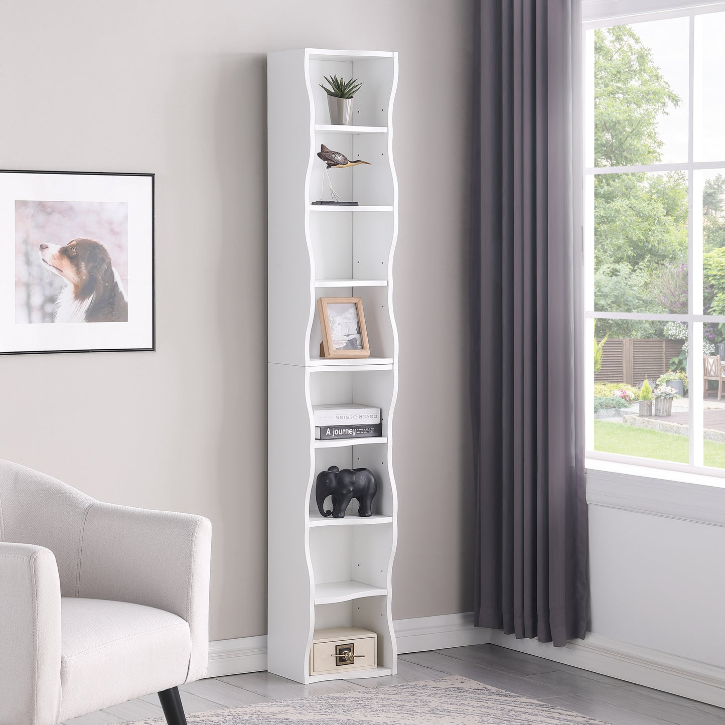 8-Layer Adjustable Ultra-Thin Bookshelf with Wavy Border Design