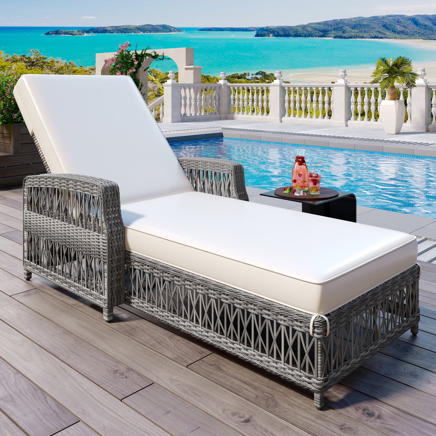 Outdoor Wicker Chaise Lounge – Adjustable Reclining Patio Chair with Armrests & Removable Cushions