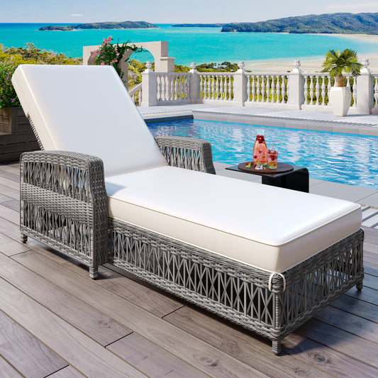 Outdoor Wicker Chaise Lounge with Adjustable Backrest, Armrests and Removable Cushions for Patio Lounging