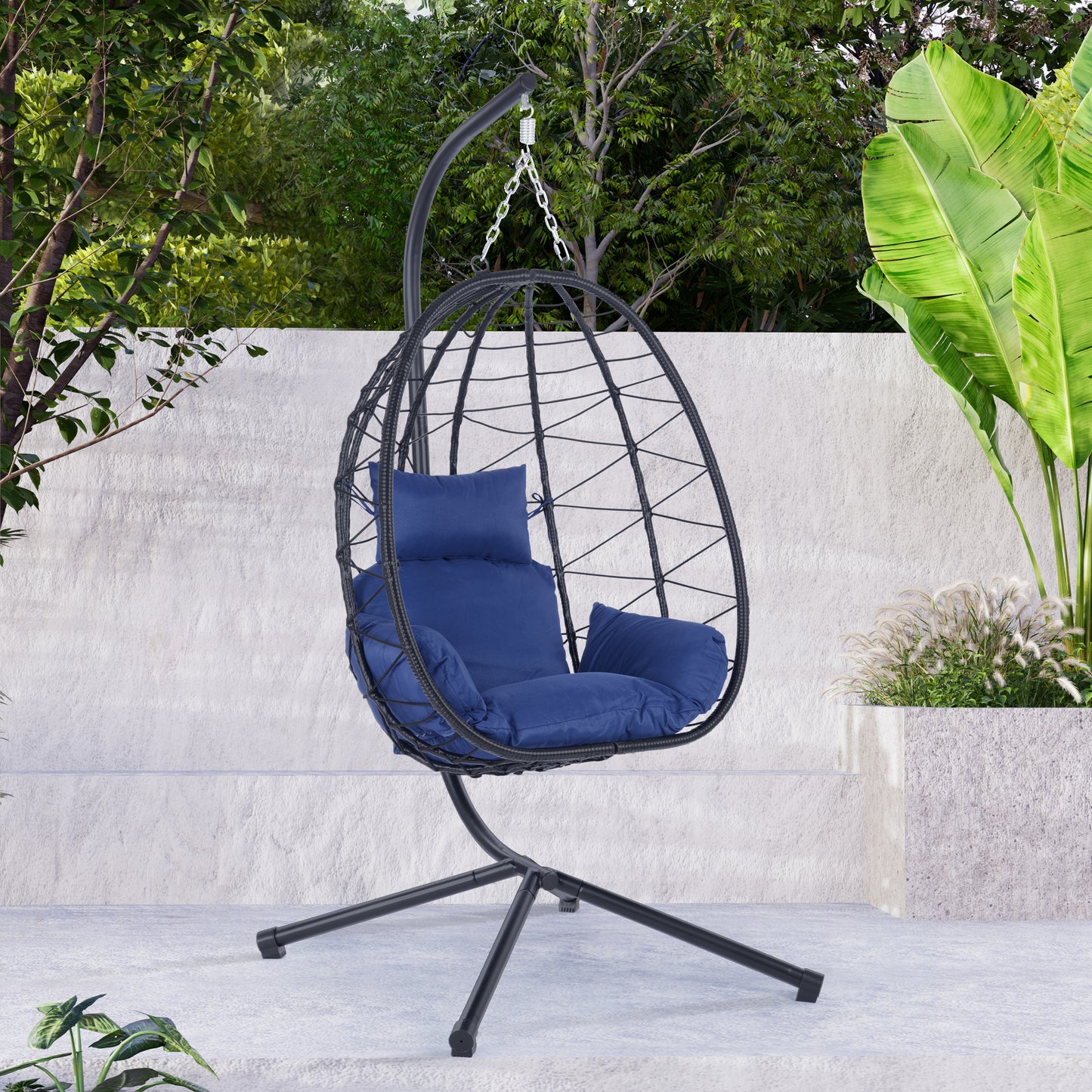 Egg Chair with Stand – Indoor Outdoor Wicker Hanging Basket Swing Chair with Cushion, Freestanding Patio Egg Chair, Steel Frame