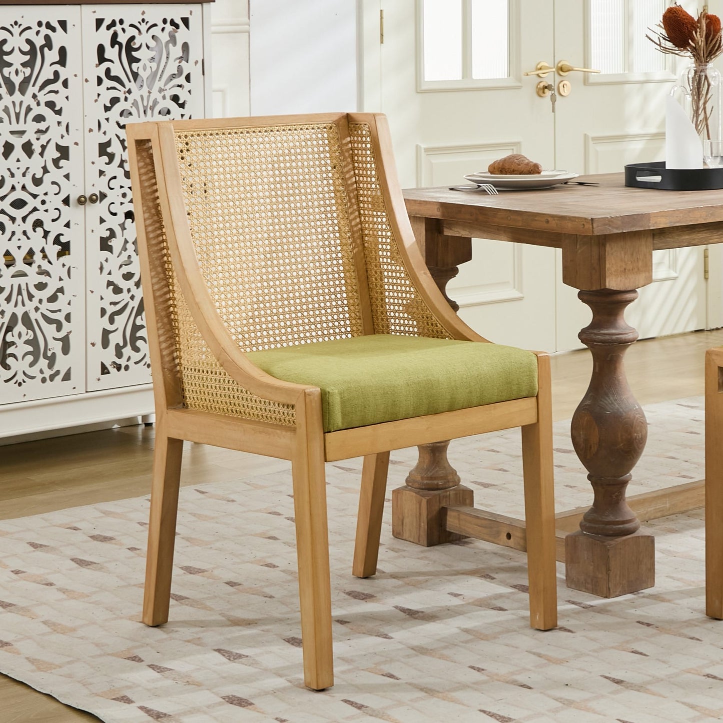 Rattan Dining Chairs, Solid Wood Frame with Decorative Armrests, Linen Upholstered Seat, Rustic